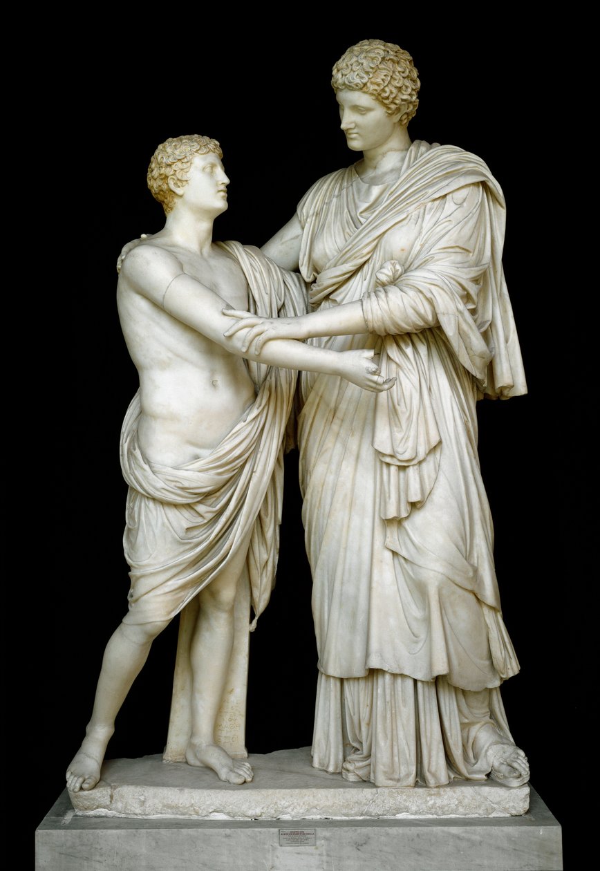 Romersk kunst: "" Oreste et Electre""" Marmorskulptur fra det 1. århundre e.Kr. Fra Ludovisi-samlingen, Dim. 192 cm - Roma, Museo Nazionale Romano (o delle Terme) Italia - Orestes og Electra - Marmorskulptur (H. 210 cm), romersk keiserperiode (27 f.Kr.-476 av Roman