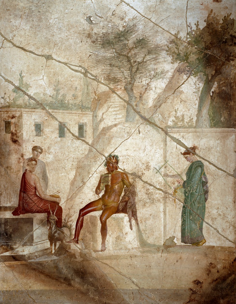 Romersk kunst: "Panmusiker med nymfer" "Fresco tilskrevet mester Chiaro. 1. århundre. Fra Pompeii. Napoli, Nasjonalt arkeologisk museum av Roman