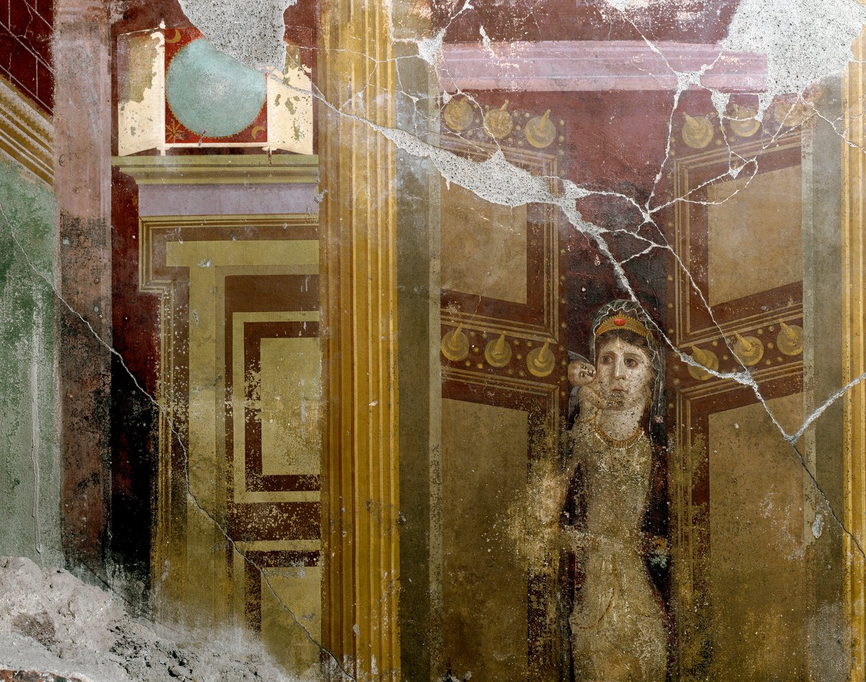 Romersk kunst: "" Portrett av en kvinne i inngangen til en dør"" Detalj av en freske av villaen av Fabio Rufo (Marcus Fabius Rufus) 1. århundre e.Kr. Pompei, Italia av Roman