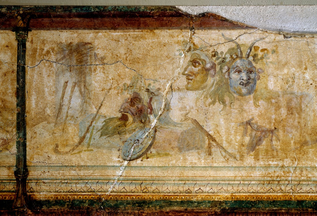 Romersk kunst: "" Stilleben med teatermasker "" Detalj. Fresco rundt 25-19 f.Kr. Dim. 23 cm Roma, National Roman Museum (eller Terme) av Roman