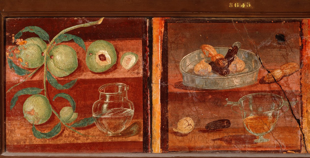 Romersk kunst: "" Stilleben av fersken og tørket frukt"" Romersk freskomaleri fra Pompeii. 1. århundre f.Kr.-1. århundre e.Kr. Bevar på det nasjonale arkeologiske museet i Napoli. Italia av Roman
