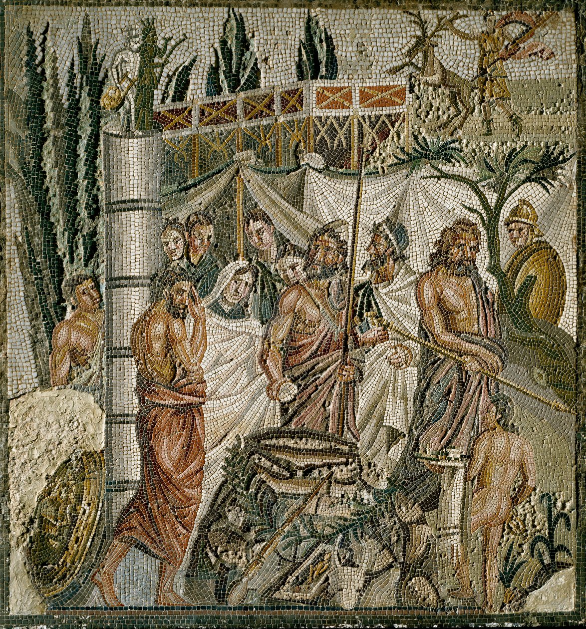 Romersk kunst: "" The Sacrifice of Iphigenie "" Kong Agamemnon ofrer datteren sin for å dempe sinnet til Artemis (Diana). Mosaikk fra det 1. århundre f.Kr. Museum of Ampurias (Empurias), Spania av Roman