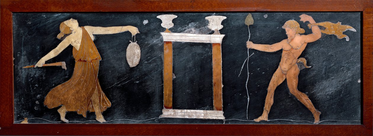 Romersk kunst: "" Dansen av en menade og en satyre nær et lite tempel""" Marquetry fra Pompei. Dim. 23x67 cm Museo Archeologico Nazionale, Napoli av Roman