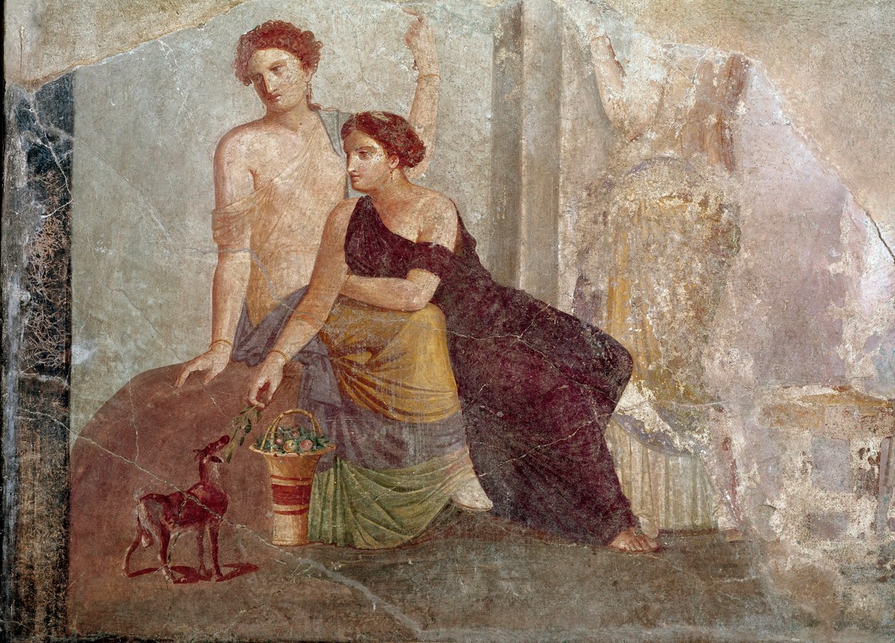 Romersk kunst: "" To kvinner som leker med en geit"" Fresco fra 1. århundre f.Kr. Paris, Louvre-museet av Roman