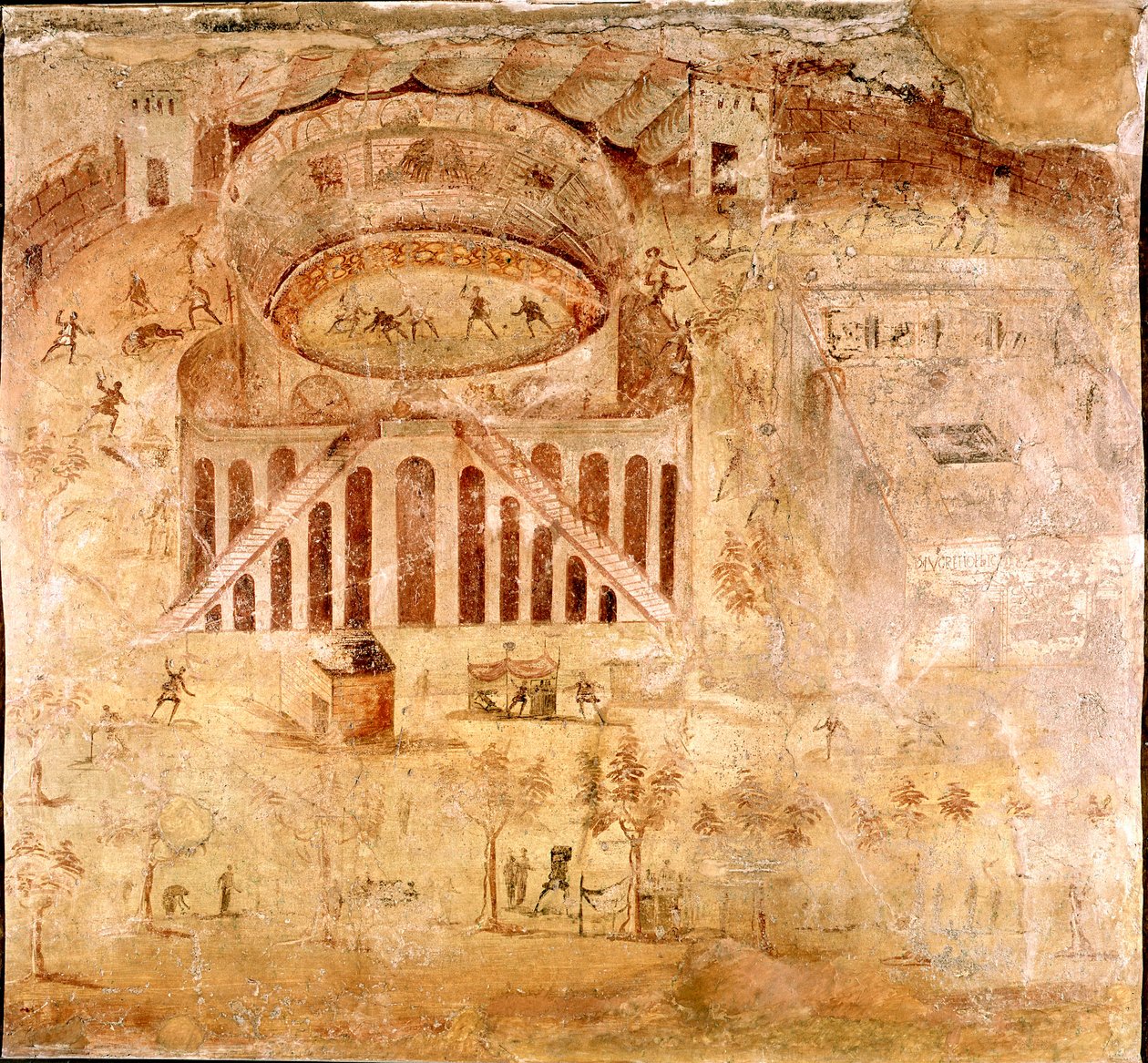 Romersk kunst: "" Voldelig kamp mellom innbyggerne i Nocera og pompeierne i amfiteateret i Pompei i 59 e.Kr."" Detalj av en freskomaleri. 1. århundre e.Kr. Fra Pompei-området. Napoli, Museo Archeologico Nazionale av Roman