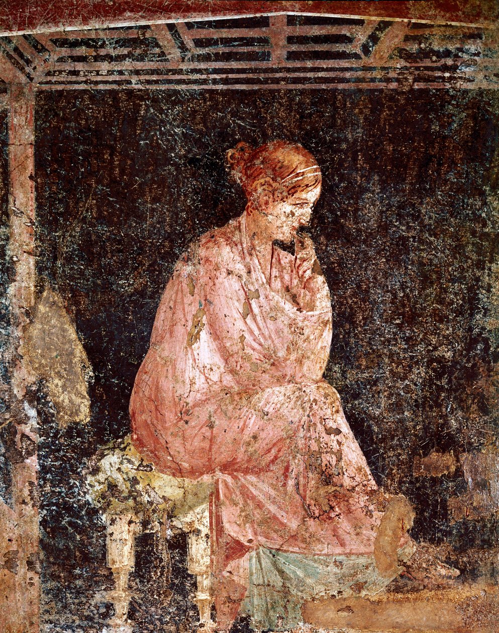 Romersk kunst: "" Ung kvinne sittende"" (Sittende ung dame) Romersk freskomaleri av 3. pompeiansk stil fra Pompei (fresko fra Pompeii) 40-60 e.Kr. av Roman