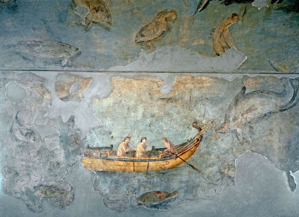 Romersk kunst: "" fiskere på en båt""" Fresco fra et hus som ligger nær en elvehavn i Roma. 131 e.Kr. Roma, Museo Nazionale Romano (o delle Terme) av Roman