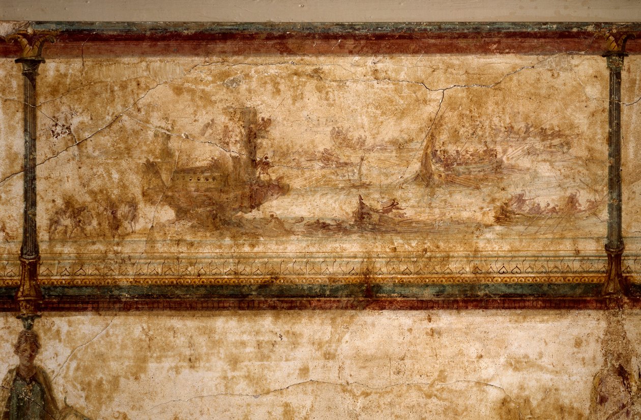 Romersk kunst: "" maritim scene, med birems og triremer "" "Fresco rundt 25-19 f.Kr. Størrelse 73 cm Roma, National Roman Museum (eller Terme) av Roman