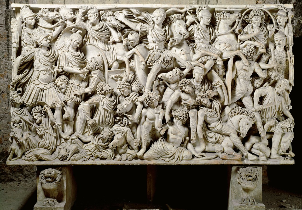 Romersk kunst: sarkofag Ludovisi med kampscene som motsetter romerne til barbarene - 3. århundre e.Kr., Dim. 153x273 cm - Roma, Museo Nazionale Romano - Ostiliano, sønn av keiser Decius (201-51 e.Kr.) omgitt av kavaleri, fra slaget mellom romerne og av Roman