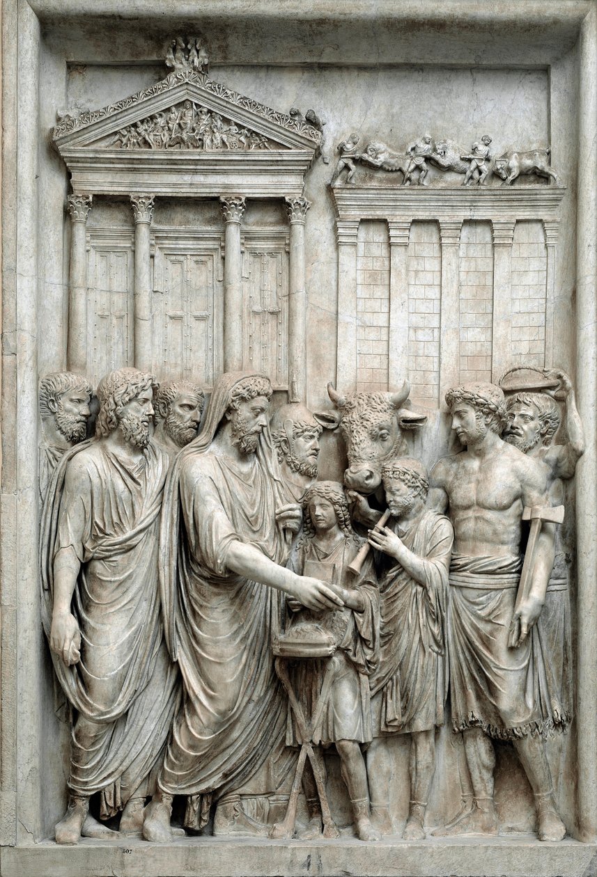 Romersk keiser Marcus Aurelius ofrer foran Jupiter-tempelet, Roma, ca. 161-180 (marmorrelieff) av Roman