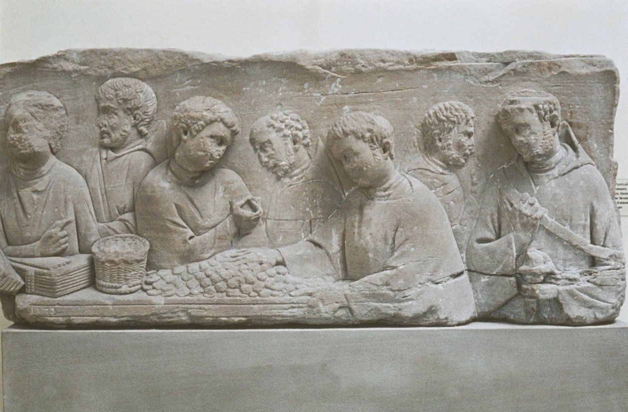 Romersk begravelsesstele som viser en scene for skattebetaling, Neumagen-Dhron, Tyskland av Roman