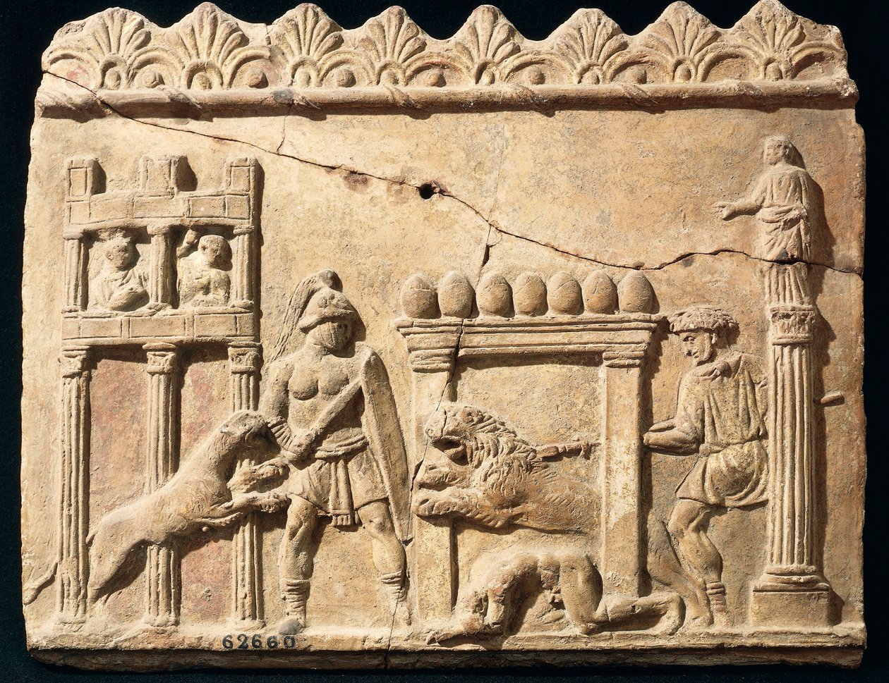Romersk relieff som viser løver og gladiatorer som kjemper i sirkus av Roman