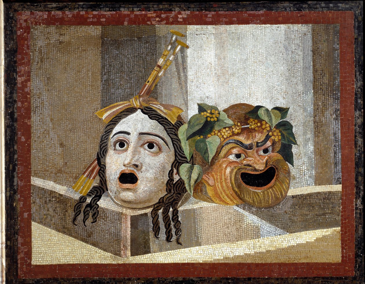 Romerske teatermasker - romersk mosaikk, 2d cent. AD, fra Decius-badene på Aventine, Roma, Italia - Romersk kunst: masker fra det romerske teateret. Mosaikk fra det 2. århundre e.Kr. - Fra Decius-badene på Aventino, Roma - Musei capitolini, Roma av Roman