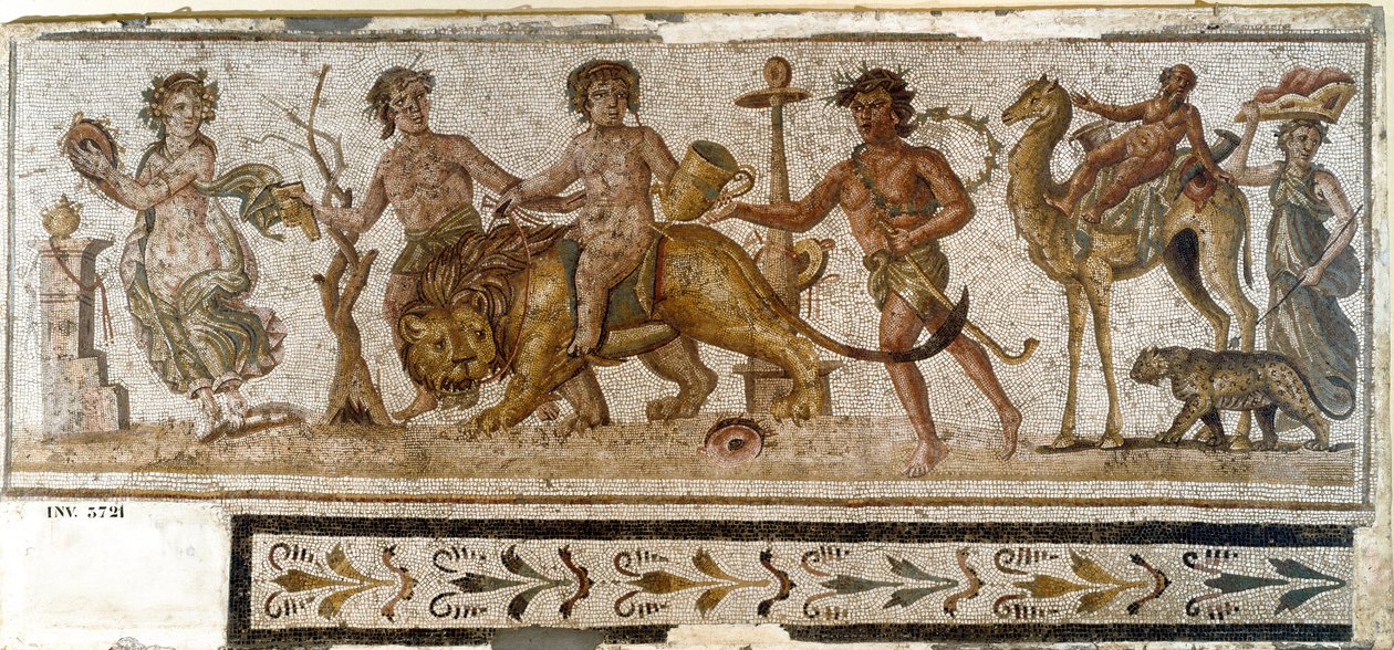 Romersk antikk: "" Dionysian Procession""" Silene rir på en kamel, en menade spiller et instrument. Mosaikk fra El Jem (Thysdrus). 3. århundre e.Kr. El Djem (Thysdrus), arkeologisk museum av Roman