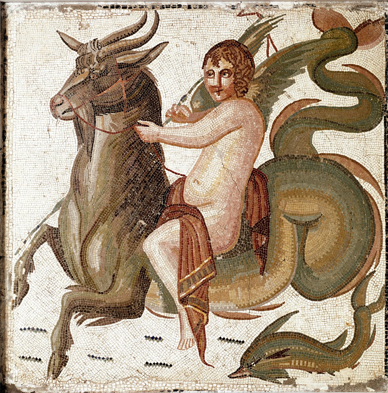 Romersk kunst: «Cupid riding a marine creature»» Mosaikk fra en villa til keiser Septius Severes familie. Slutten av 2. århundre etter JC. Roma, Museo Nazionale Romano av Roman