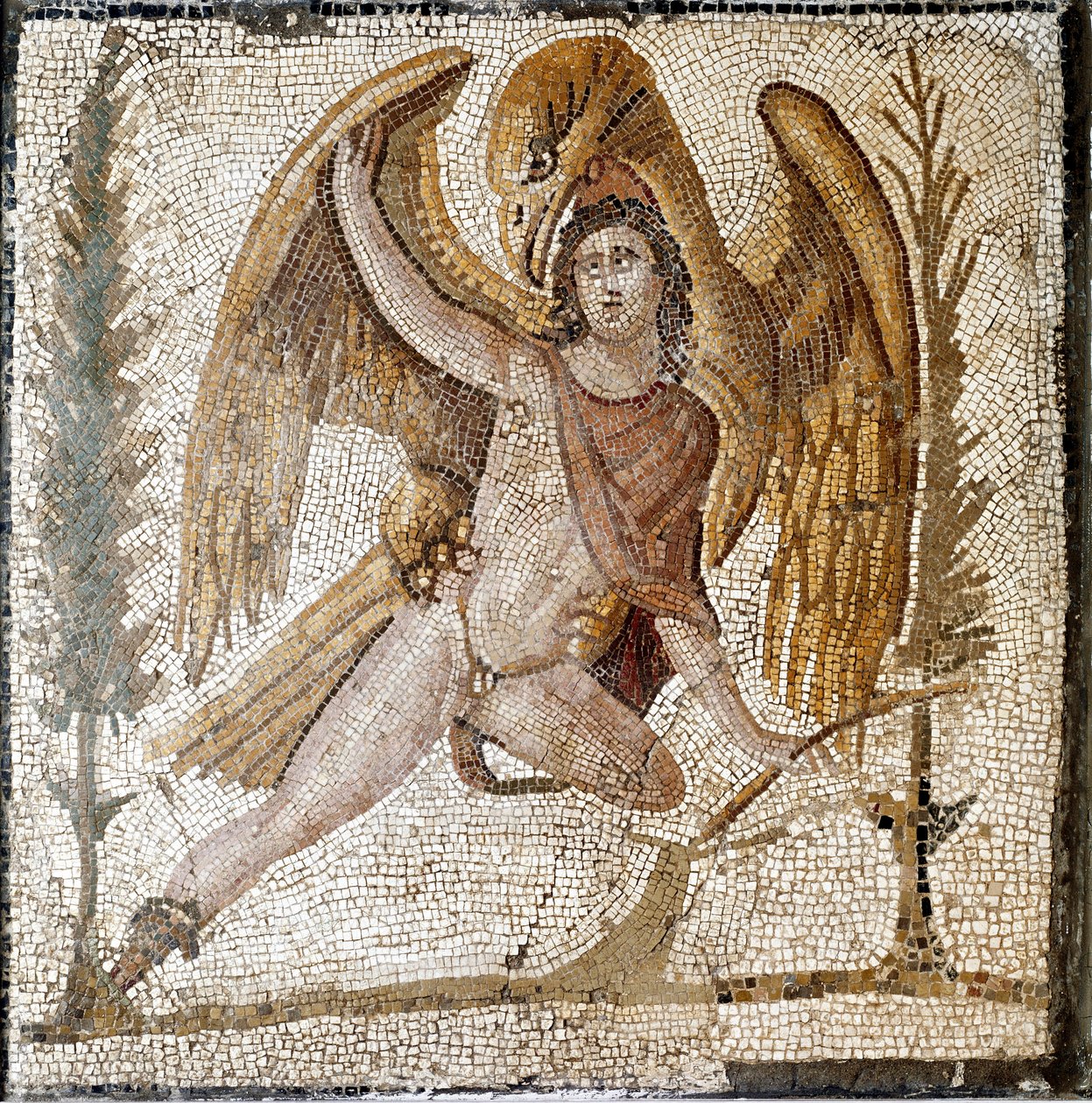 Romersk kunst: "" Ganymedes blir tatt bort av en ørn""" Mosaikk fra en villa i familien til keiser Septius Severe. Slutten av 2. århundre etter JC. Roma, Museo Nazionale Romano av Roman