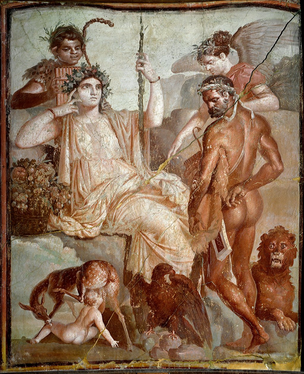 Romersk kunst: "" Herakles finner sønnen Telephus (Telephus) på fjellene i Arcadia"" Romersk freskomaleri fra stedet Herculanum (Ercolano), 70 e.Kr., Dim. 216x185 cm - Napoli, Museo Archeologico Nazionale - Herakles finner sønnen Telephus i A-fjellene av Roman