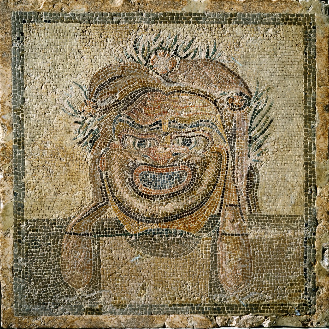 Romersk kunst: Romersk teatermaske. Mosaikk fra Ampurias (Empúries). 2. århundre e.Kr. Spania Empurias museum av Roman