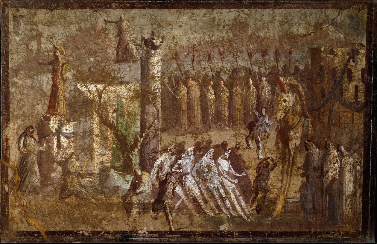 Romersk kunst: "" Tabula Iliaca"" oppføring av den trojanske hesten. Trojanerne drar hesten til veggene mens Cassandre prøver å motarbeide dem. Freske fra Pompei. Napoli, Museo Archeologico Nazionale av Roman
