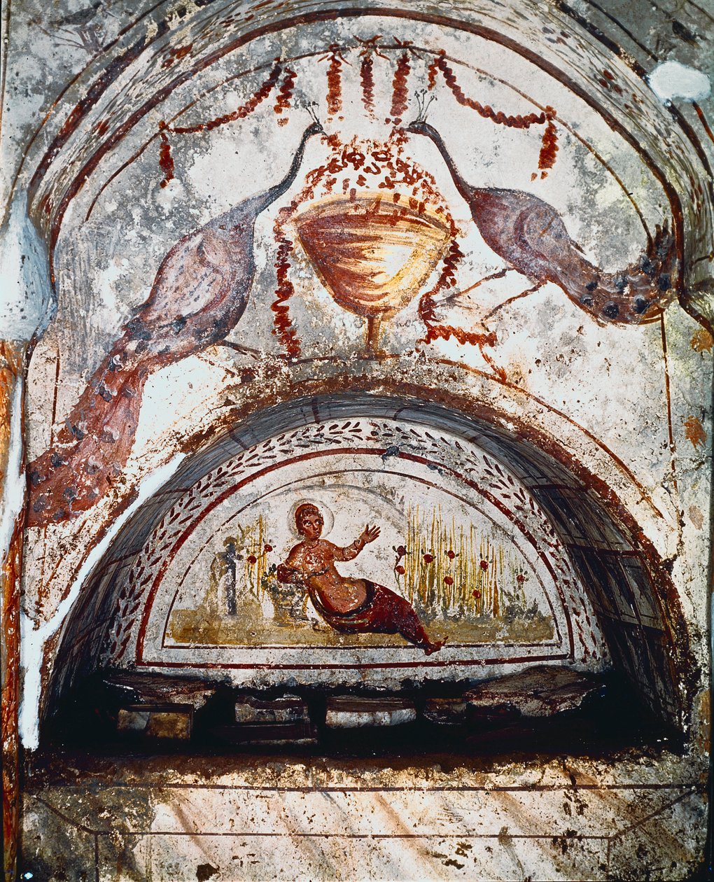 Romersk kunst: "" Døden til Cleopatre, dronningen av Egypt, knivstikker seg selv"" Fresco fra det 4. århundre. Katakomber av via Latina, Roma - romersk kunst. Kleopatras død. Fresco, 4. århundre e.Kr. Katakomben i Via Latina, Roma, Italia av Roman