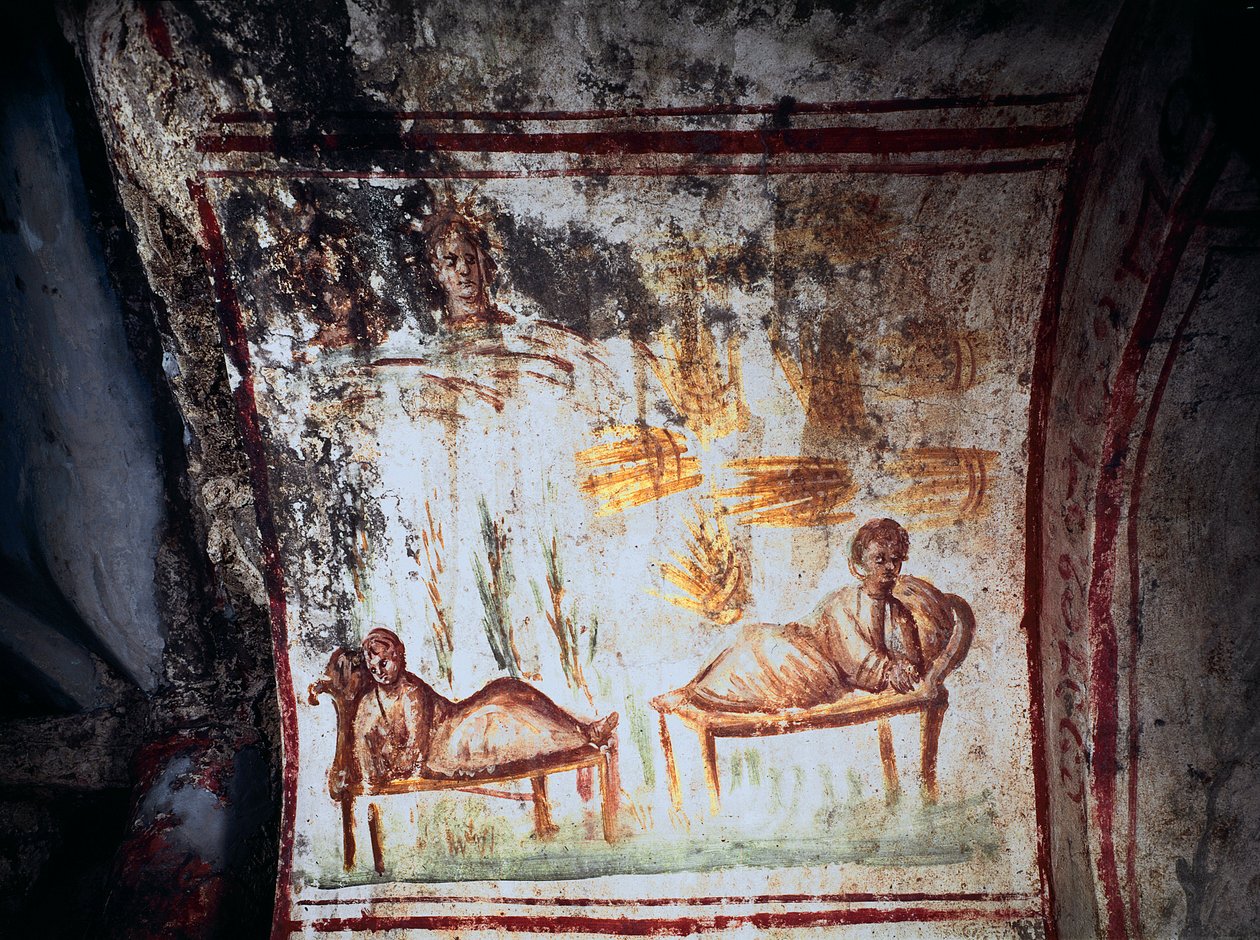 Romersk kunst: "" Drømmene til Josef, sønn av Jakob""" Fresco fra det 4. århundre. Katakomber av via Latina, Roma - romersk kunst. Josefs drømmer. Fresco, 4. århundre e.Kr. Katakomben i Via Latina, Roma, Italia av Roman