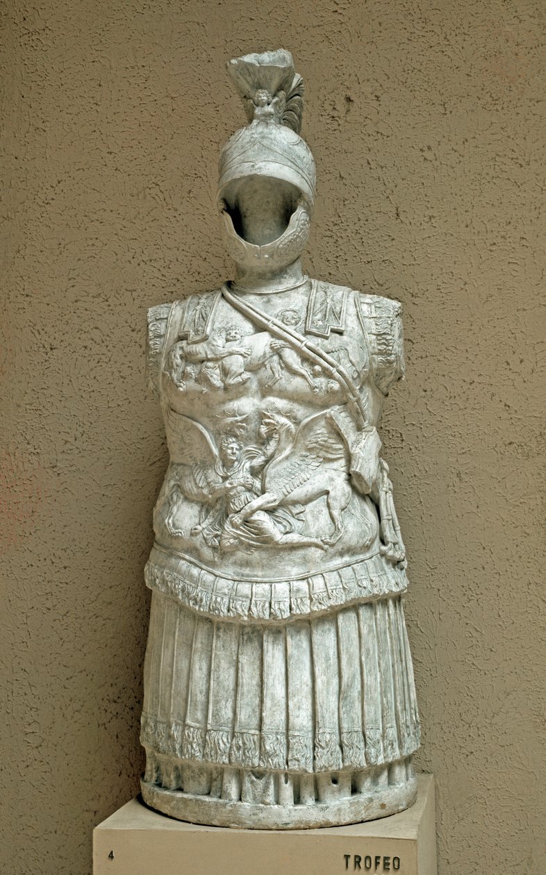 Romersk kunst: Trofee av våpen i form av paraderustning av romersk soldat fra det 1. århundre f.Kr. Roma, museo della civilta romana av Roman
