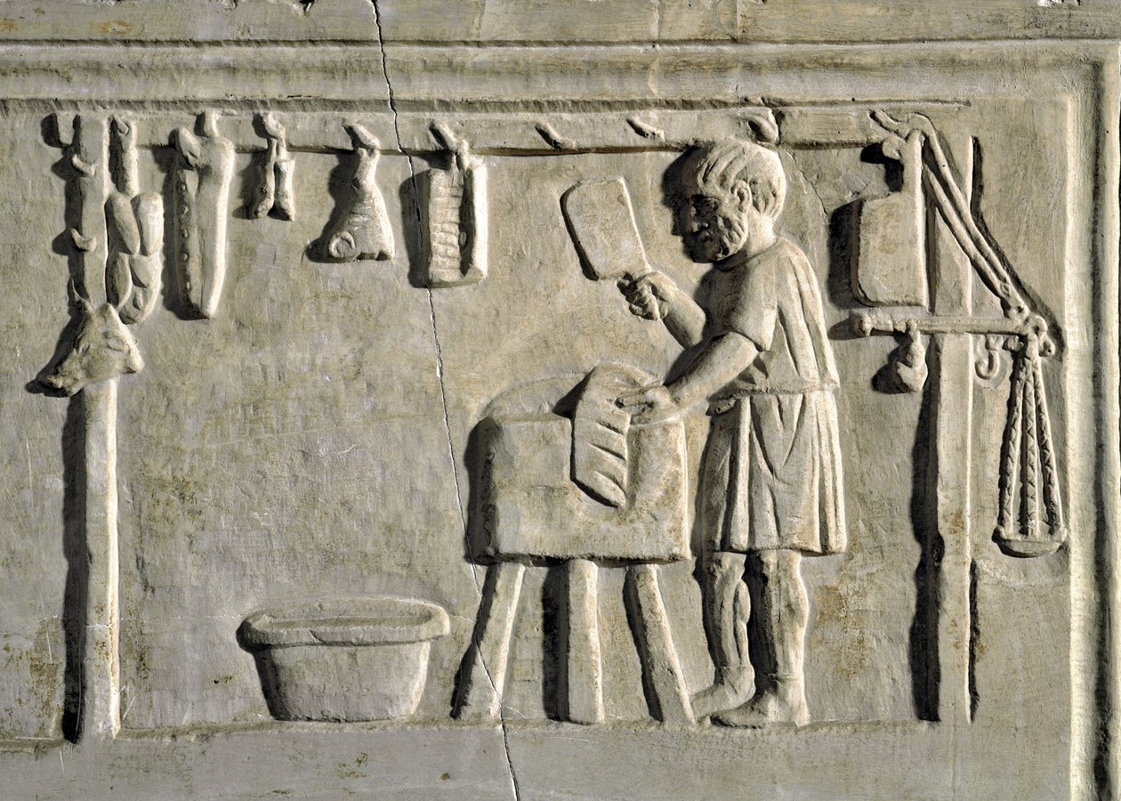 Romersk kunst: "" en slakter i butikken hans"" Bas-relieff, romersk sivilisasjon, 2. århundre e.Kr., Roma, Museo della Civilta Romana - Slakter arbeider i butikken hans - Steinrelieff, 2. århundre e.Kr. - Roma, Museo della Civilta Romana av Roman