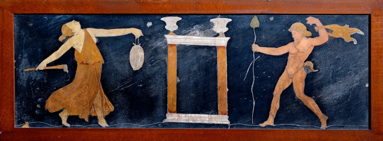 Romersk kunst: en trussel og en satyr som danser nær et tempel. Freske fra Casa dei Capitelli dorati i Pompei. 1. århundre e.Kr. Napoli, arkeologisk museum av Roman