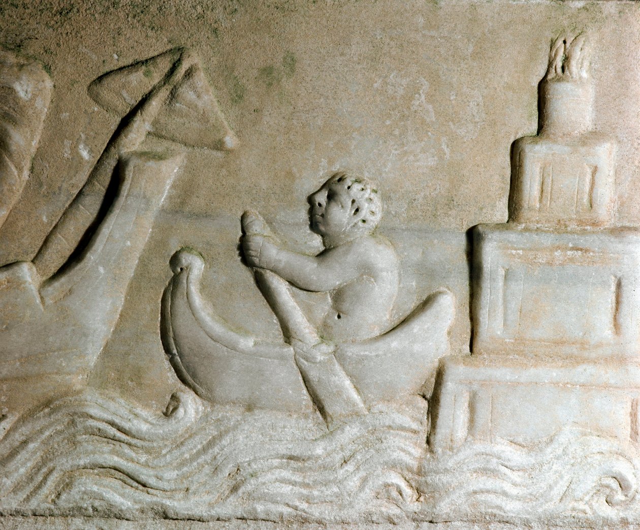 Romersk kunst: "" en sjømann som leder et skip i havnen i Ostia (Ostia), byens fyrtårn er synlig"" Detalj av et relieff fra det 1. århundre e.Kr. Ostia, Museo Ostiense av Roman