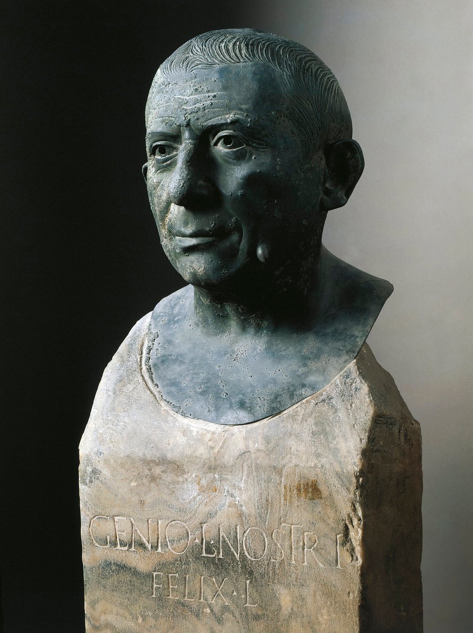 Romersk kunst: byste av bankmannen Lucius Caecilius Iucundus (cirka 20-69 e.Kr.) Bronseskulptur. 1. århundre e.Kr Fra Pompei. Napoli, Museo Nazionale Archeologico av Roman