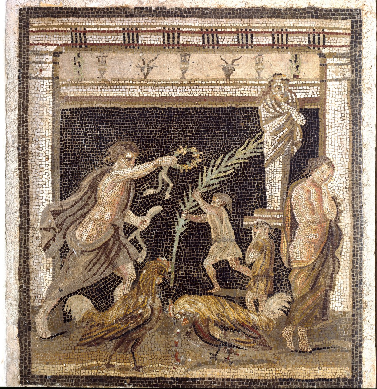 Romersk kunst: hanekamp i en palestra i nærvær av personifikasjonene av nederlag og seier. Mosaikk fra Villa du Labyrinth i Pompei. 2. stil. Dim. 46x42 cm Museo Archeologico Nazionale, Napoli av Roman