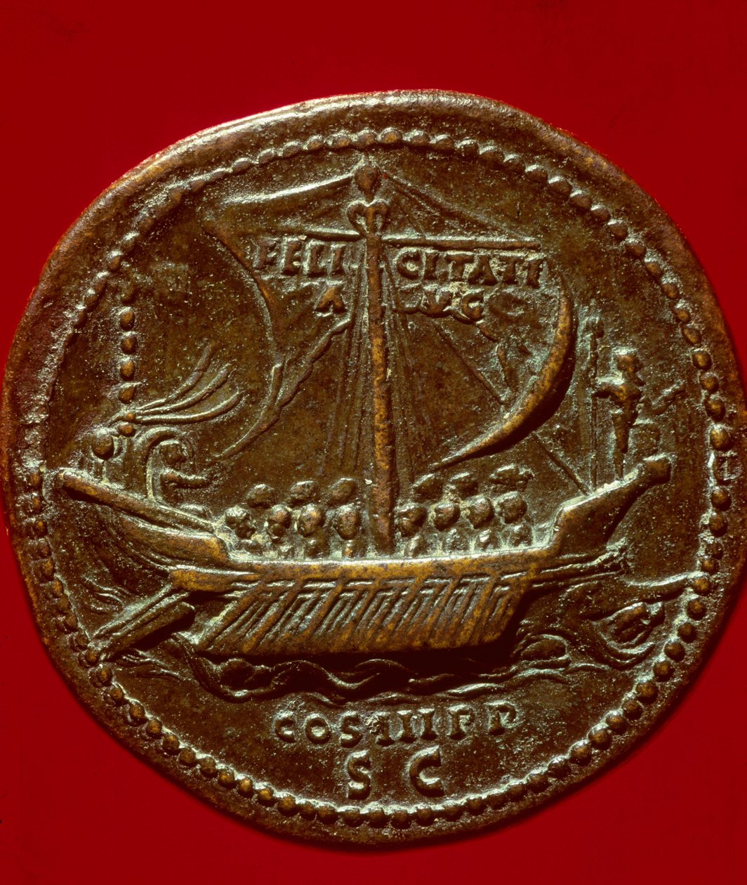 Romersk kunst: mynt av keiser Hadrian (eller Adrien) (76-138 e.Kr.) som representerer en imperial galere. 119 e.Kr. Paris, B.N. av Roman