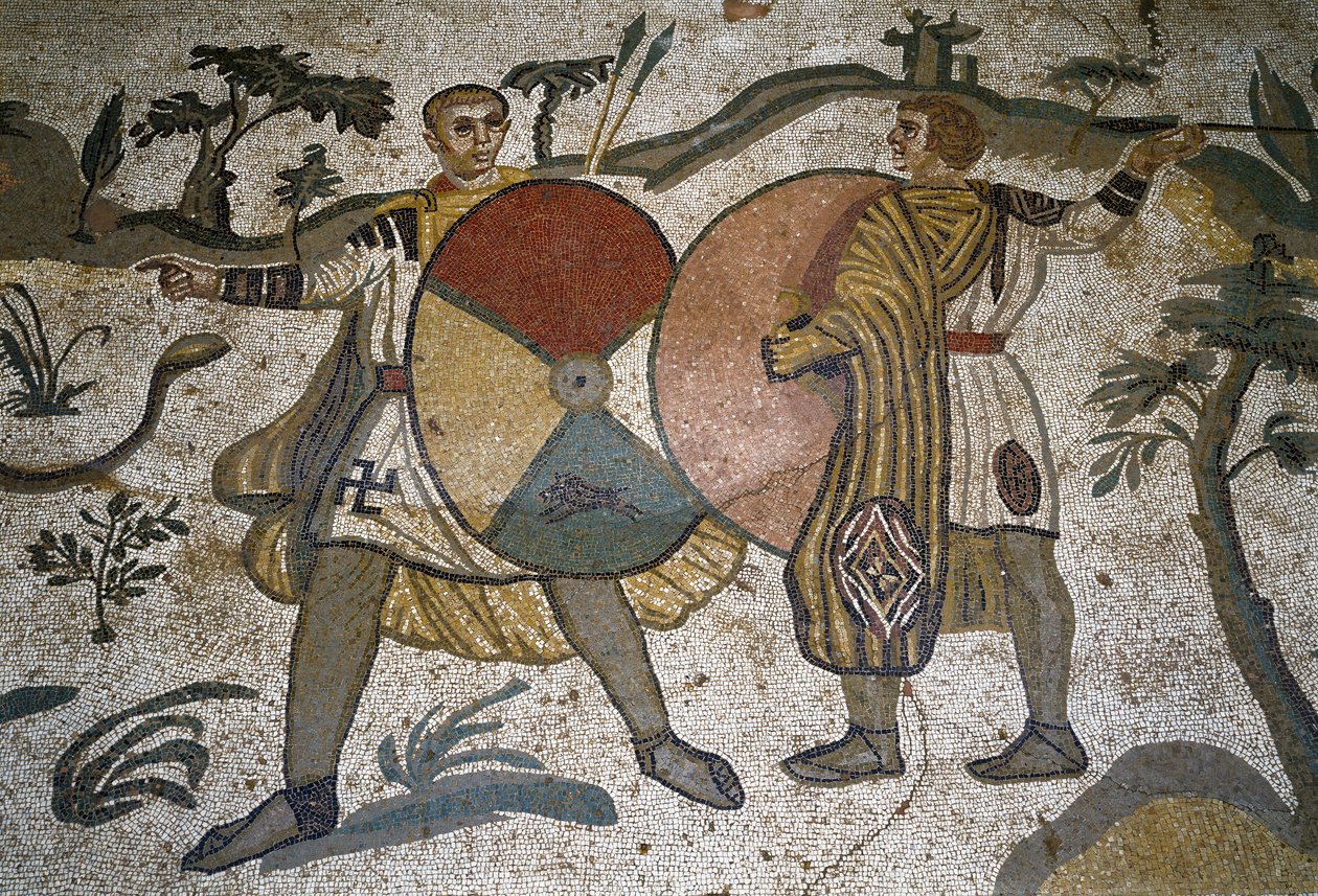 Romersk kunst: detalj av mosaikken "" Den store jaktdelen"" Jegere våpen av store skjold. 315-350 e.Kr. Piazza Armerina, Villa Romana del Casale av Roman