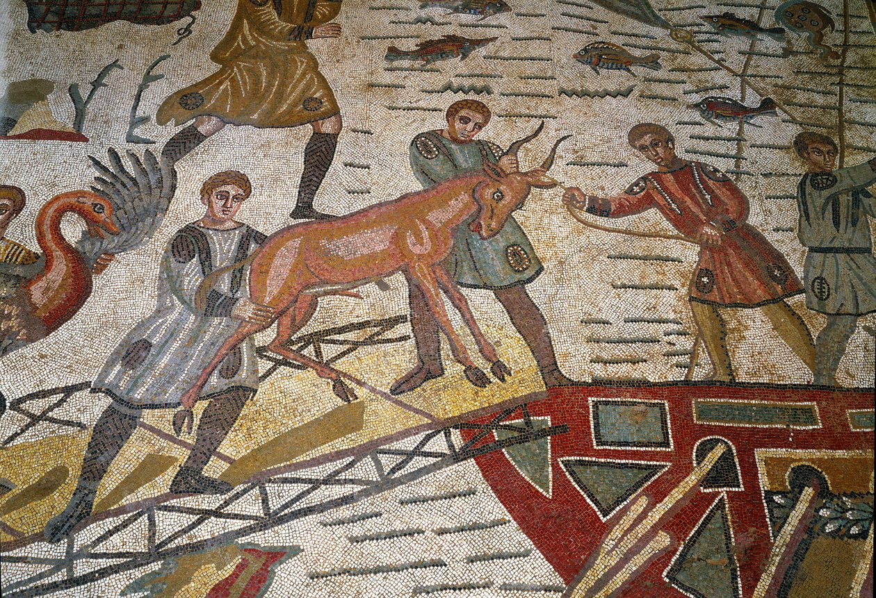 Romersk kunst: detalj av mosaikken "" Den viktigste jaktdelen"" Gaseller lastes på skip. 315-350 e.Kr. Piazza Armerina, Villa Romana del Casale av Roman