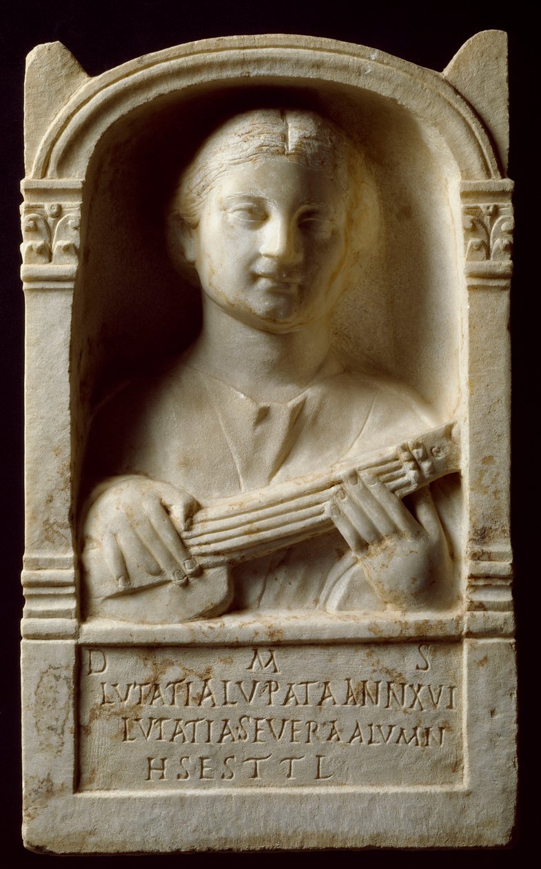 Romersk kunst: begravelsesstele til en kvinne kalt "Lutatia Lupata"" som døde i en alder av 16 år som å spille et musikkinstrument. 2. århundre e.Kr. Nasjonalmuseet for romersk kunst, Merida, Spania av Roman
