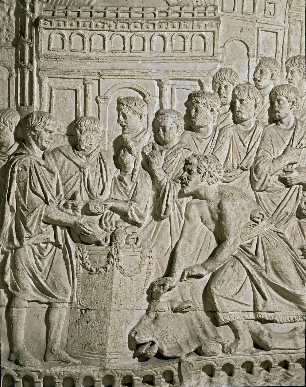 Romersk kunst: lavrelieff som representerer Sarmat-borgere som hyller romerne. Fra relieffene av kolonnen til Marc-Aurele (Marx Aurele). 2. århundre e.Kr. Roma, Museo della Civilta Romana av Roman