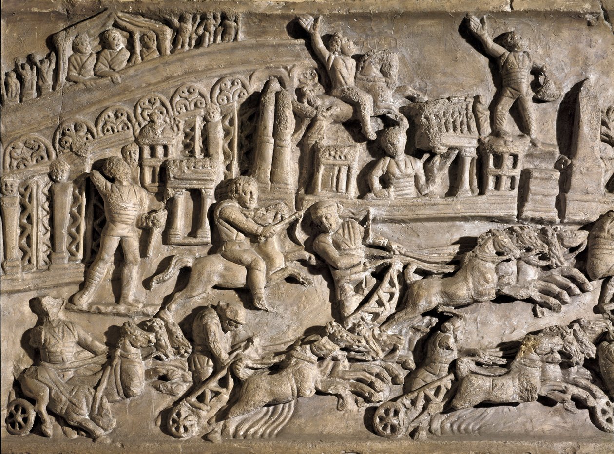 Romersk kunst: lavt relieff som representerer tankløp ved Circus Maximus (Grand Circus eller Circus Maxime) i Roma. 2. århundre e.Kr. Roma, Museo della Civilta Romana av Roman