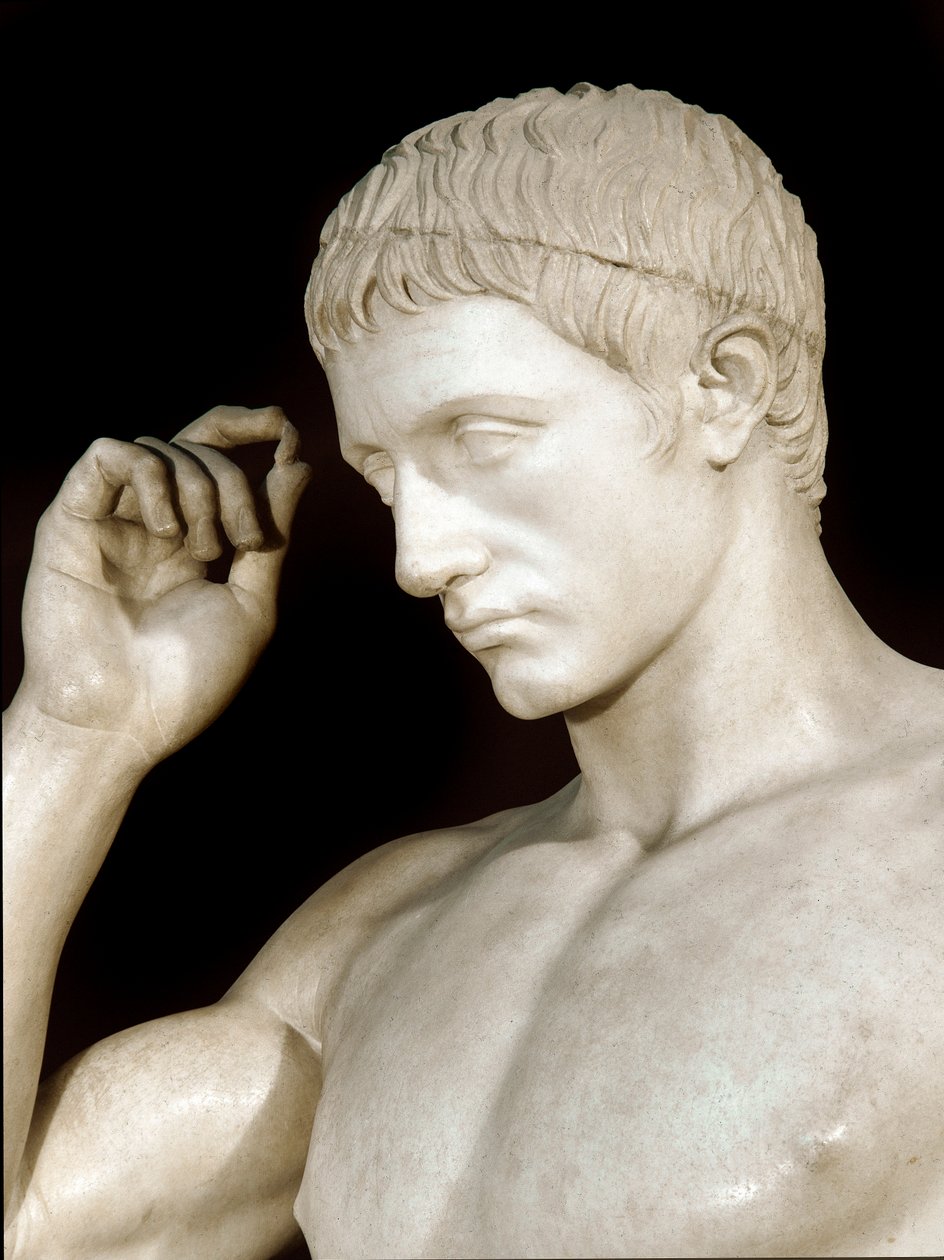 Romersk kunst: marmorskulptur av Marcus Claudius Marcellus (42-23 f.Kr.), nevø av Augustus. Detalj. Laget av atheneren Cleomenes. rundt 20 f.Kr. Dim. 190 cm Paris, Musée du Louvre av Roman
