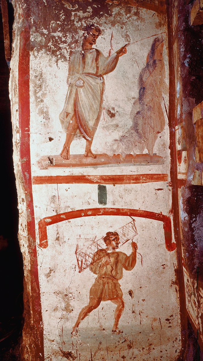 Romersk kunst: mirakel av kilden og mirakel av de lammedes krig. Fresker. Slutten av det 3. århundre etter JC. Roma, katakombene til San Marcellino og Pietro (Peter og Marcellin) - romersk kunst. Kildens mirakel og den lammedes gjenoppretting. Fr av Roman