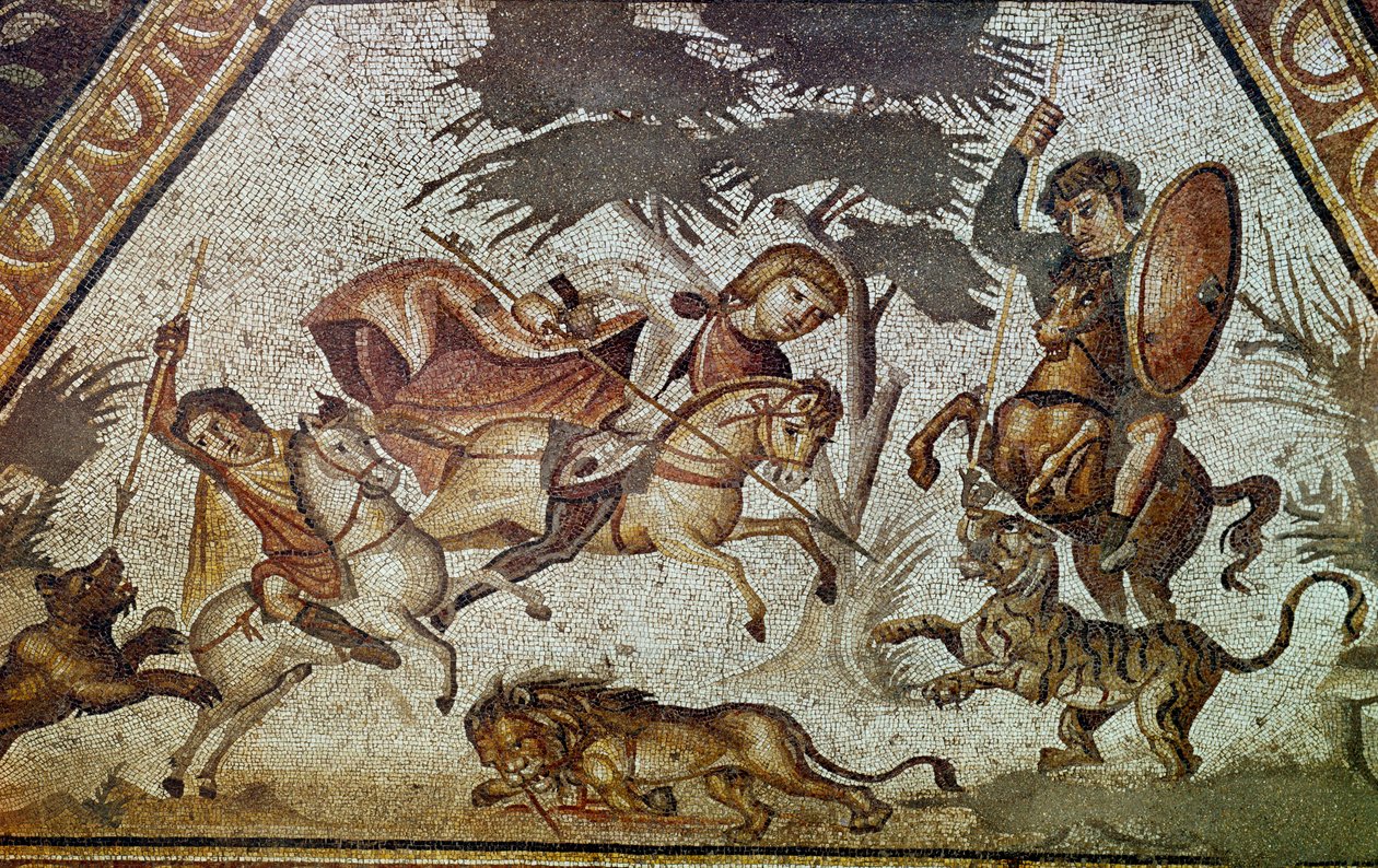 Romersk kunst: mosaikk av årstidene fra gårdsplassen til den konstantinske villaen til "" Daphne"". Detalj som viser en scene med løve- og tigerjakt. Fra Faubourg i Antiokia-på-Oronte (dagens Antaky i Syria). 325-330 e.Kr. Søn 8x8 m Par av Roman
