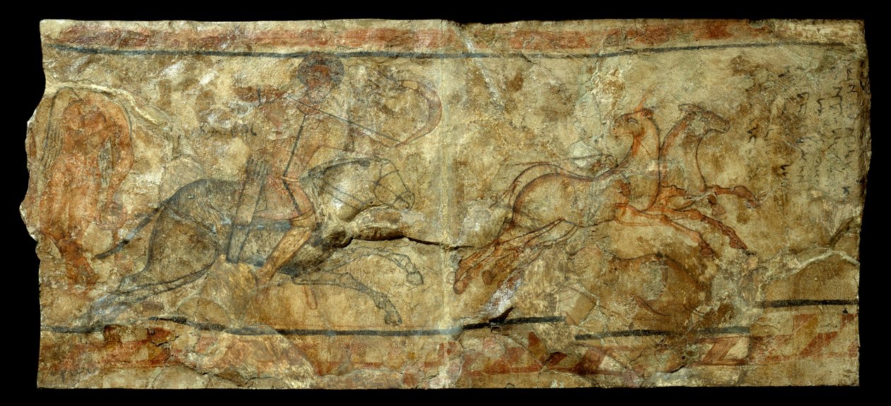 Romersk kunst: veggmaleri som viser en bueskytter som jakter på primula. fra stedet til Doura Europos i Syria (27 f.Kr.-476 e.Kr.). Søn 2,1x0,9 m av Roman