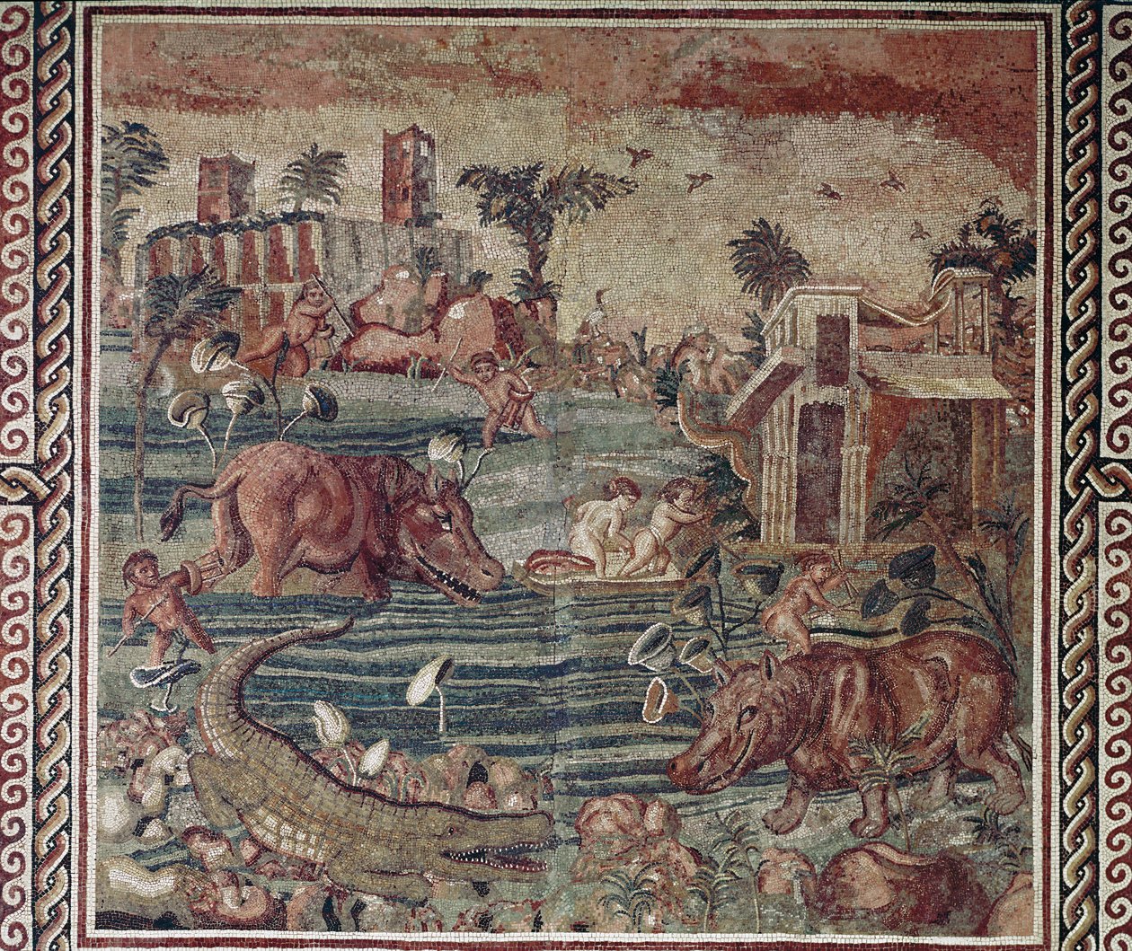 Romersk kunst: nillandskapsmosaikk fra en villa på aventino-høyden, Roma 1.-2. århundre (romersk kunst: nillandskapsmosaikk fra en villa på aventino-høyden, Roma 1.-2. århundre Roma Museo Nazionale Romano i Palazzo Massimo, Inv 171 av Roman