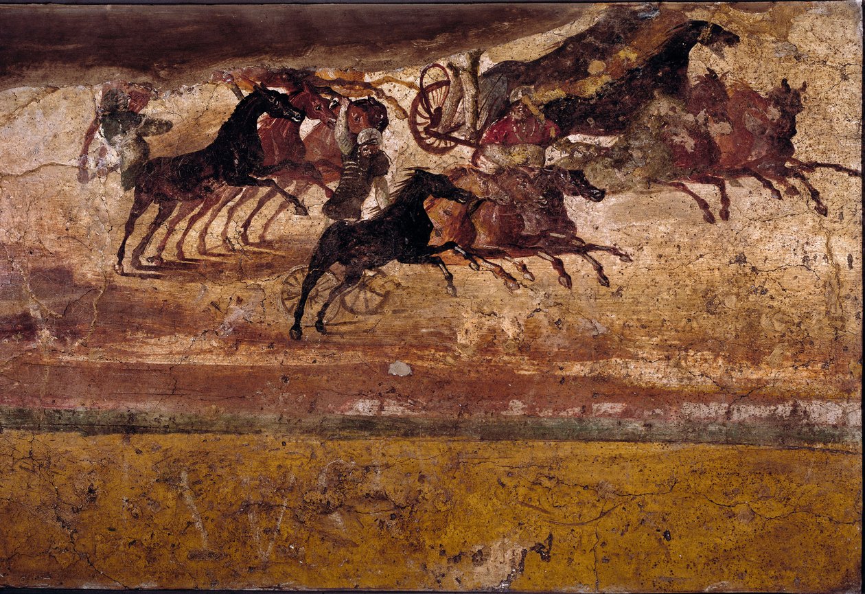 Romersk kunst: rase av firkanter. Frisk fra villaen til quadrige. 4. stil, Pompeii.Napoli, Nasjonalt arkeologisk museum av Roman