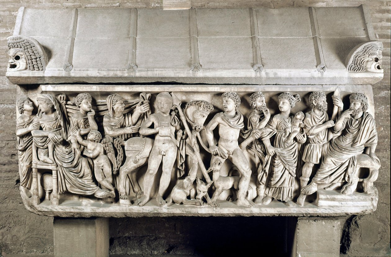 Romersk kunst: sarkofagen dekorerer et lavt relieff som forteller legenden om Phedre og Hippolyte. 3. århundre e.Kr. Roma, museo nazionale romano av Roman