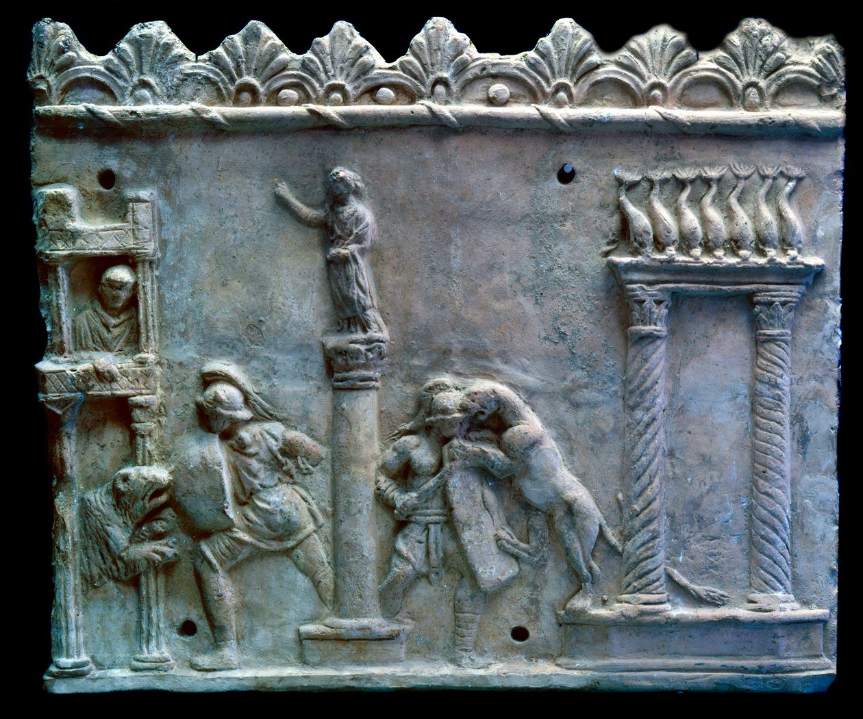 Romersk kunst: scene for kamp av gladiatorer mot beist eller venatio. 1. århundre f.Kr. Genève, museum for kunst og historie av Roman
