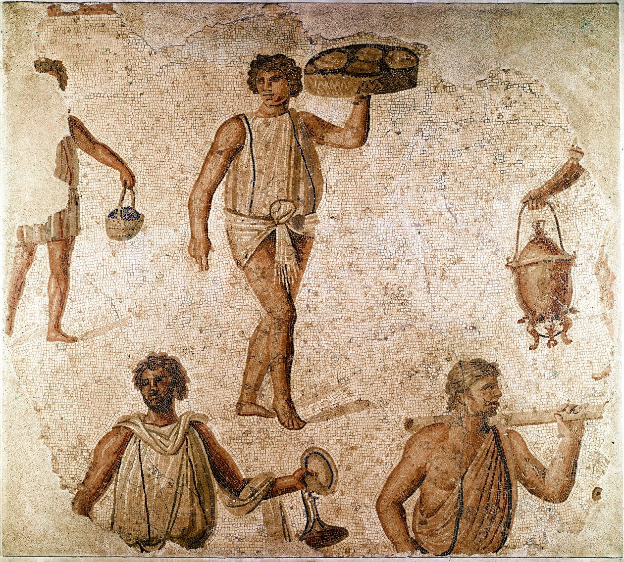 Romersk kunst: tjenere på en bankett. Fragment av mosaikk fra Kartago, Tunisia. 180-190 e.Kr. Paris, Louvre-museet av Roman
