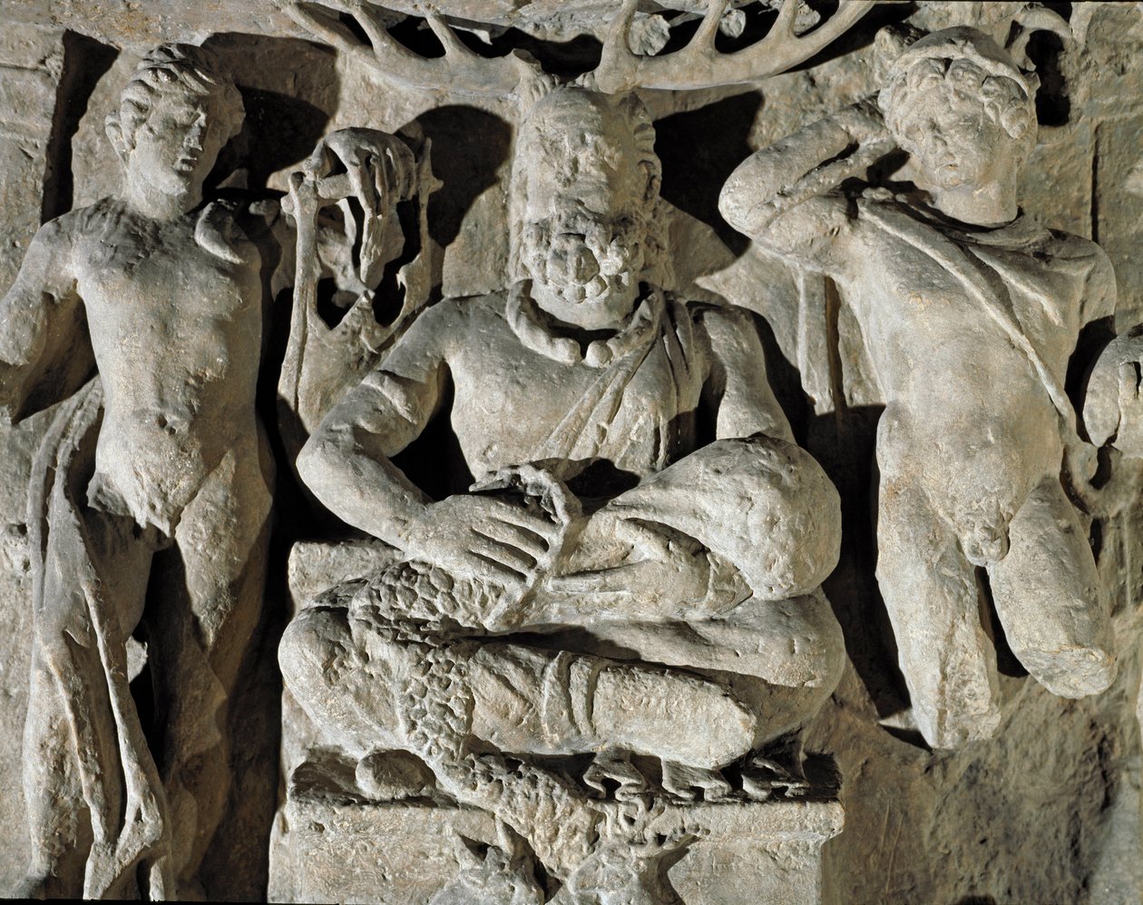 Romersk kunst: den galliske guden av keltisk opprinnelse Cernunnos (eller Kernunnos) representerer mellom Apollo og Merkur. Fra Reims. 1. århundre e.Kr. Roma, Museo della Civilta Romana av Roman