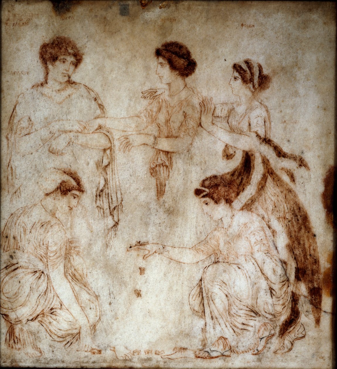 Romersk kunst: "" osselet-spillerne"" De spilles av Niobe og fire av døtrene hans. Monokrom på marmor fra Herculaneum (Ercolano) 1. århundre e.Kr. Dim. 42x49 cm Museo Archeologico Nazionale, Napoli av Roman