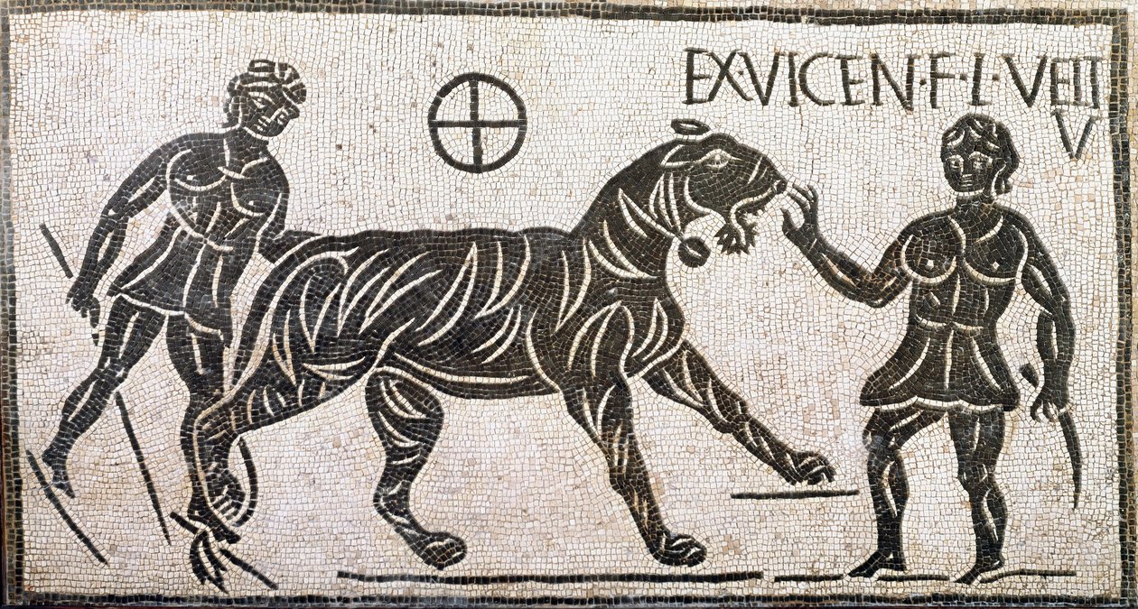 Romersk kunst: "" to kvinner som temmer en tiger""" Mosaikk fra Castro pretorio i Roma. 1. århundre e.Kr. Roma, Museo Nazionale Romano av Roman
