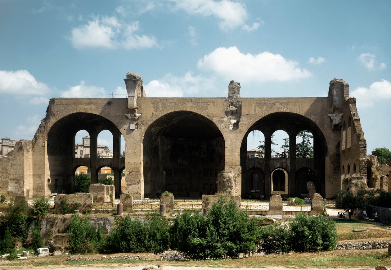 Romersk kunst: utsikt over basilikaen Maxence og Konstantin (eller Basilica Nova eller Basilica di Maxentius og Konstantin), 4. århundre e.Kr. Roma, Italia av Roman